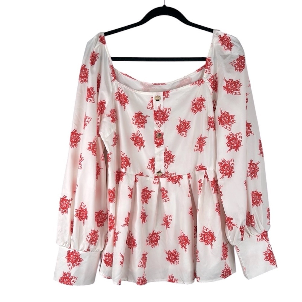 SHEIN White & Red Floral Flowy Boho Summer Casual Top Size XL